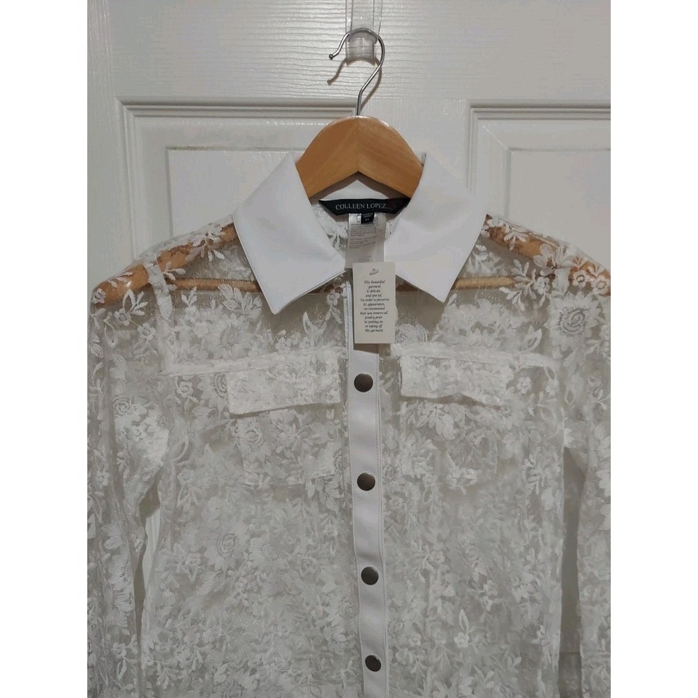 COLLEEN LOPEZ Women's White Lace Button Front Long Sleeve Blouse Sz XS F Leather